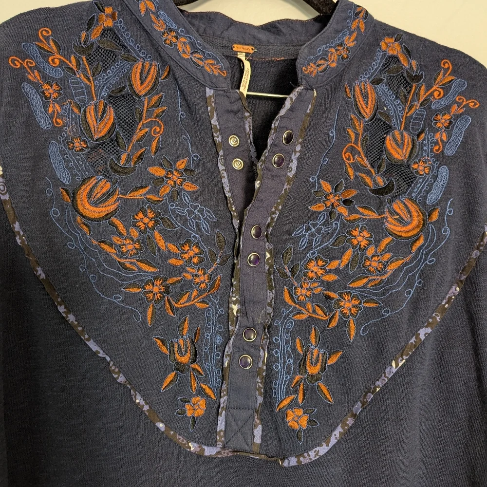 Free People Sundance Kid Embroidered Henley Long Sleeve Blue Rust XS